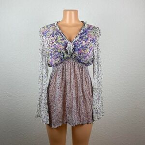 Kaktus Floral Print Smocked Waist V Neck Long Sleeve Mini Dress Women's M